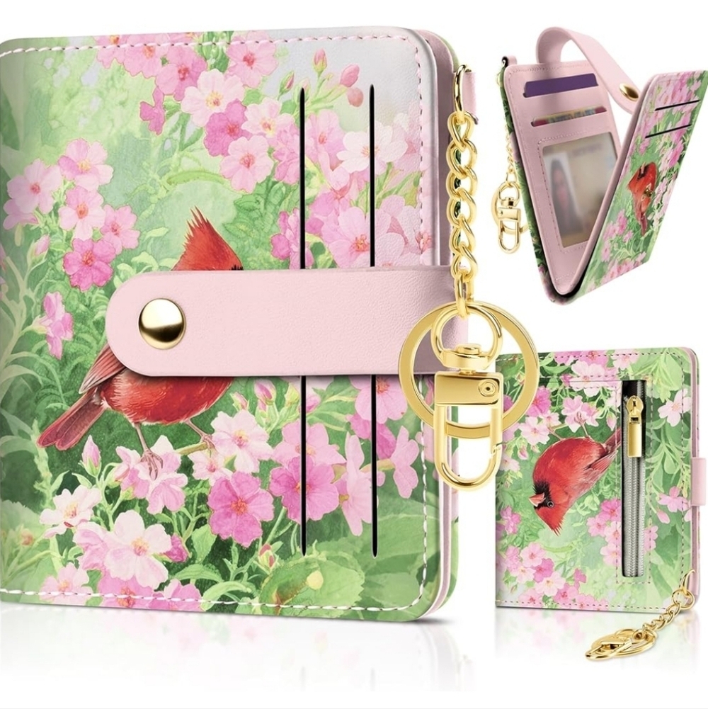 Floral Bird Print Wallet with Pink Accents